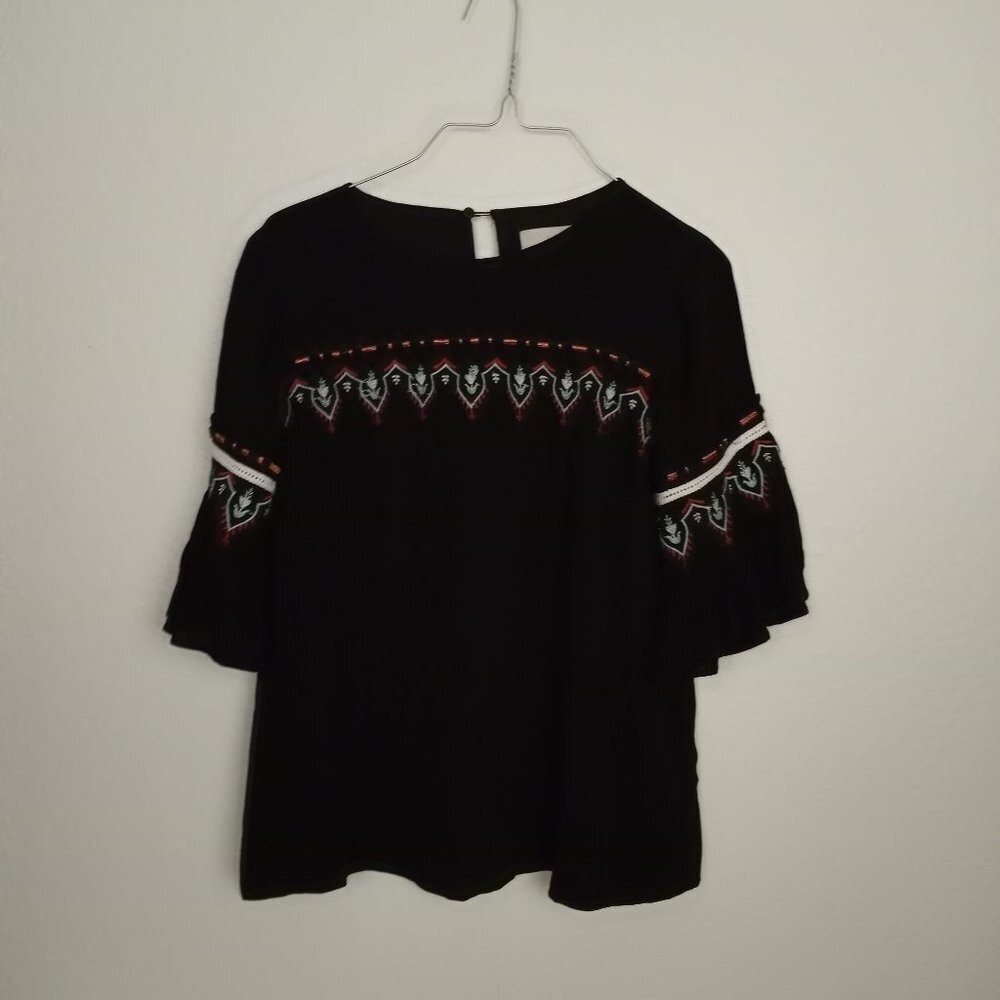 LOFT Flutter Sleeve Blouse Boho Embroidered XSP Extra Small Petite